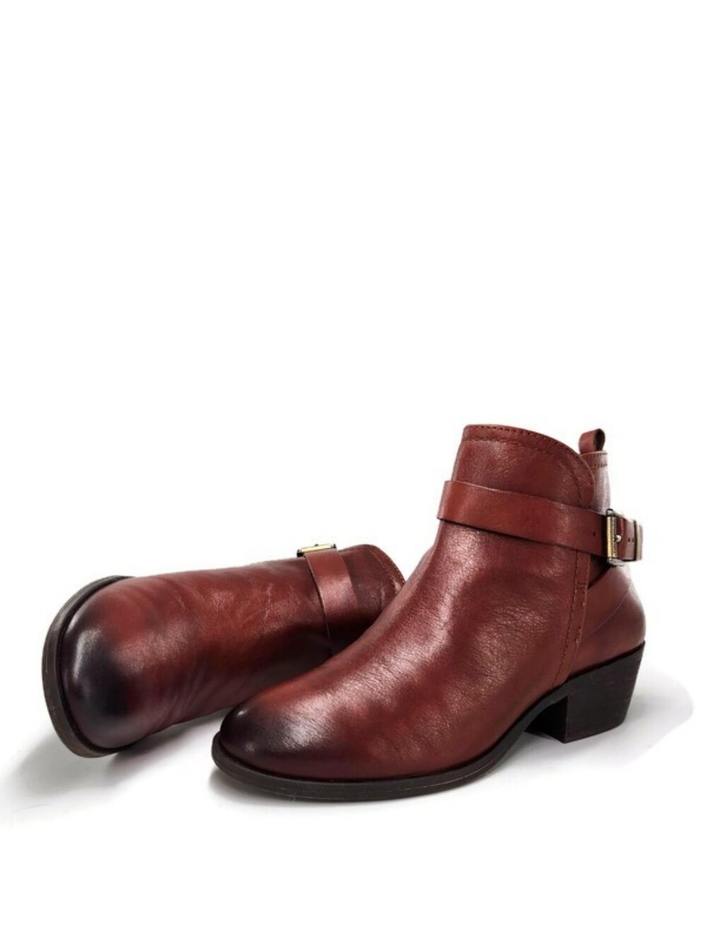 Vince Camuto Peamer Brown Leather Burnished Toe Buckle Low Block Heel Ankle Boot
